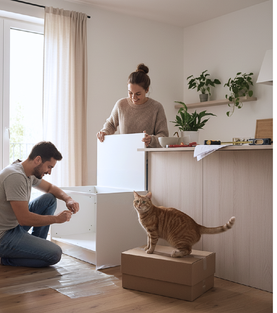 Coppia che monta una cucina su misura in casa con l’aiuto del proprio gatto, montaggio fai-da-te con strumenti e istruzioni.