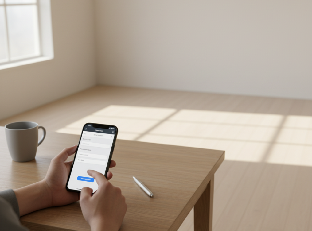 Prenotazione online del servizio di montaggio cucina su misura tramite smartphone, compilazione modulo per installazione professionale.